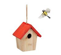 Relaxdays Cabane à Oiseaux décorative, en Bois, Suspendre, HLP : env. 16 x 15 x 11 cm, Jardin et Balcon, Nature/Rouge