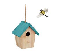 Relaxdays Cabane à Oiseaux décorative, en Bois, Suspendre, HLP : env. 16 x 15 x 11 cm, Jardin et Balcon, Nature/Bleu