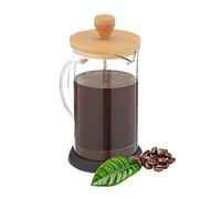 Relaxdays Cafetière, Machine à café Manuelle, passoire, 600 ML, théière Verre et Couvercle Bambou, Transparent/Nature