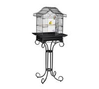 Relaxdays Cage à Oiseaux, avec Support, métal, pour perruches, avec perchoir & mangeoires, 146,5 x 55 x 50 cm, Noir