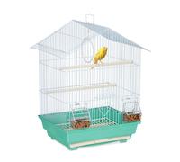 Relaxdays Cage à oiseaux, métal, pour de petits canaris, perchoirs & mangeoires, 49 x 39,5 x 32 cm, bleu clair/menthe