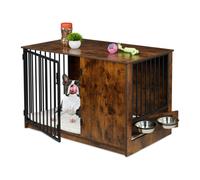 Relaxdays Cage pour Chien d'intérieur 65,5 x 102 x 60 cm avec 2 gamelles pivotantes, MDF et Acier, Aspect Bois, Marron/Noir, 50% Panneaux de Fibres, 20% Acier Inoxydable 30%