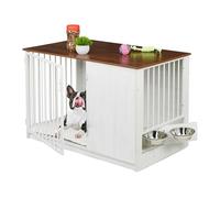 Relaxdays Cage pour Chien, H x L x P : 65,5 x 102 x 60 cm, Meuble, 2 écuelles pivotantes, MDF et Acier, Blanc/Marron