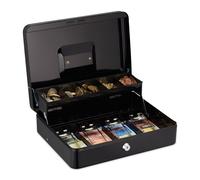 Relaxdays Caisse à Monnaie, Compartiments pour Billets et pièces, Fer, H x L x P : 8,5 x 30,5 x 24,5 cm, Noire