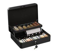 Relaxdays Caisse à monnaie, verrouillable, monnayeur & 4 compartiments à billets, fer, HLP 8,5 x 30,5 x 24,5 cm, noir