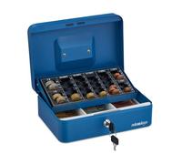 Relaxdays Caisse à monnaie, monnayeur, verrouillable, acier, transportable, pièces et billets, HLP 9x25x18 cm, bleue