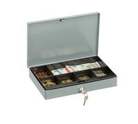 Relaxdays caisse à monnaie, verrouillable, boîte métallique peu élevée avec monnayeur, 2 clés, HxLxP : 5x30x20 cm, gris