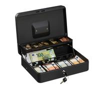 Relaxdays Caisse à monnaie, verrouillable, compartiments pour pièces et billets, fer, HLP 8,5 x 30,5 x 24,5 cm, noir
