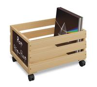 Relaxdays Caisse de rangement, pour vos disques vinyle, roulettes, H x L x P : 27 x 43 x 34 cm, nature et noir