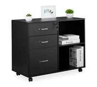 Relaxdays Caisson à roulettes, 3 tiroirs, 2 Compartiments, dossiers Suspendus, H x l x P : 66 x 80 x 40 cm, Armoire de classement verrouillable, Noir