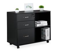 Relaxdays Caisson à roulettes, 3 tiroirs, 2 Compartiments, dossiers Suspendus, H x l x P : 66 x 80 x 40 cm, Armoire de classement verrouillable, Noir