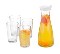Relaxdays Carafe à eau avec verres, set de 5 pièces, 1 l, 220 ml, couvercle avec bec verseur, cruche, transparent