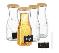Relaxdays Carafe à Eau, Lot de 4, 1 l, Carafe en Verre, Couvercle en Bambou, Tableau Noir, Carafe à Eau verrouillable, Transparent/Naturel