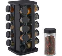 Relaxdays Tourniquet à épices avec 20 Pots en Verre, Rotatif, Embouts tamiseur, remplir, pour la Cuisine, Noir