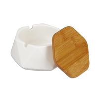 Relaxdays Cendrier avec Couvercle, céramique, HLP : 6 x 10,5 x 10,5 cm, pour intérieur et extérieur, Blanc et Nature