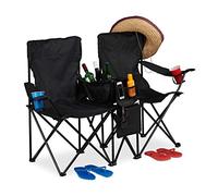 relaxdays Chaise de Camping Double, Fauteuil de Jardin 2, Pliable, Glacière, Rangement Porte-Boissons, Noir