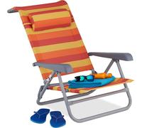 Relaxdays chaise longue pliante, réglable, transat de plage avec repose-tête, accoudoirs, jaune/rouge/orange