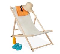 Relaxdays Chaise Longue Pliable, réglable, en Bois de pin & en Polyester, pour Jardin, Plage et Balcon, Beige