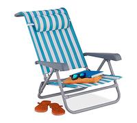 Relaxdays Chaise Longue Pliante, 8 Niveaux réglables, transat de Plage avec Repose-tête, accoudoirs, Bleu/Blanc