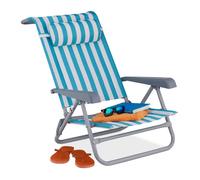 Relaxdays Chaise longue pliante avec repose-tête, 8 niveaux réglables, accoudoirs, bleu/blanc