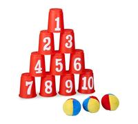 Relaxdays Chamboule-Tout pour Enfants, 10 gobelets et 3 balles, Jeu de Lancer, intérieur et extérieur, Multicolore