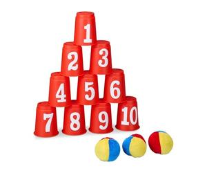 Relaxdays Chamboule-Tout pour Enfants, 10 gobelets et 3 balles, Jeu de Lancer, intérieur et extérieur, Multicolore