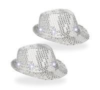 Relaxdays Chapeau à Paillettes, Lot de 2, 6 LED Clignotantes, 3 Vitesses, pour Hommes et Femmes, Disco, argenté