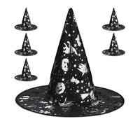 Relaxdays Chapeau de sorcière, Lot de 6, Couvert de Motifs effrayants, pour Halloween et Carnaval, Noir et argenté