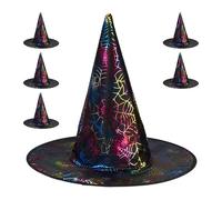 Relaxdays Chapeau de sorcière, Lot de 6, Couvert de Toiles d'araignée, pour Halloween ou Carnaval, Noir et Multicolore