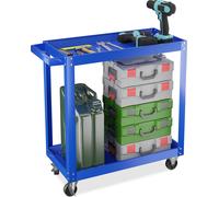 Relaxdays Chariot d'atelier, 2 Niveaux, Charge maximale : env. 100 kg, H x L x P : 76 x 78 x 35 cm, Bleu