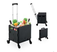 Relaxdays Chariot de Courses avec Couvercle, Caisse Pliable à roulettes, poignée inclinable, 35 kg, Noir