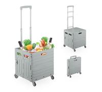 Relaxdays Chariot de Courses, Couvercle et 4 roulettes, jusqu'à 35 kg, Caisse Pliable, Plastique, Gris