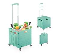 Relaxdays Chariot de Courses, Couvercle et 4 roulettes, jusqu'à 35 kg, Caisse Pliable, Plastique, Turquoise