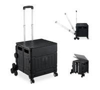 Relaxdays Chariot de Courses Monte escalier, Pliable, Caisse à roulettes avec Couvercle, jusqu'à 50 kg, Noir