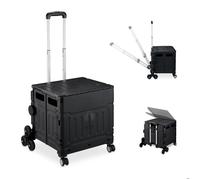 Relaxdays Chariot de Courses Monte escalier, Pliable, Caisse à roulettes avec Couvercle, jusqu'à 50 kg, Noir