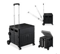 Relaxdays Chariot de courses pliable, caisse à roulettes, avec couvercle, poignée inclinable, 50 kg, noir