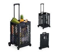 Relaxdays Chariot de Courses Pliable, Caisse sur roulettes, 25 kg, poignée télescopique, grillagé, Noir