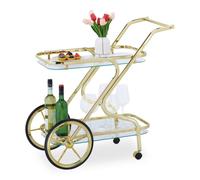 Relaxdays Chariot de service, roulettes et roues, 2 étages, verre et fer, HLP : 80x43x85 cm, desserte roulante, laiton