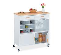 Relaxdays Chariot de cuisine, îlot de cuisine, mobile, étagère à vin, surface de travail, HxLxP : 88,5x86x41cm, blanc