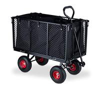 Relaxdays Chariot de Jardin, Parties latérales rabattables, bâche Amovible avec poignées, 500 kg, Noir/Rouge