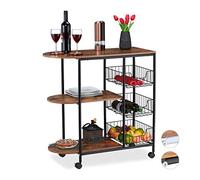Relaxdays Chariot de Service, Cuisine,3 Supports, paniers, Industriel, métal et MDF, HlP 84x83x37 cm,Noir,Brun
