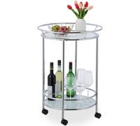 Relaxdays Chariot de Service Roulant, 2 Niveaux, Porte-Bouteilles, Verre, Fer chromé, HxD 77x56 cm, Rond, argenté/Blanc