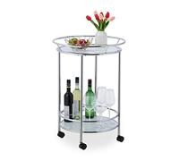 Relaxdays Chariot de Service Roulant, 2 Niveaux, Porte-Bouteilles, Verre, Fer chromé, HxD 77x56 cm, Rond, argenté/Blanc