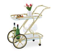 Relaxdays Chariot de service, roulettes et roues, 2 étages, verre et fer, HLP : 80x43x85 cm, desserte roulante, laiton