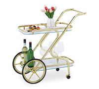 Relaxdays Chariot de Service, roulettes et Roues, 2 étages, Verre et Fer, HLP : 80x43x85 cm, desserte roulante, Laiton