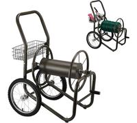 Relaxdays Dévidoir de Tuyau d’arrosage, Max 90 m de Tuyau, 2 Roues en Caoutchouc, Panier pour Accessoires, métal, Brun