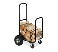 Relaxdays Chariot pour bûches en bois, en acier, 107,5 x 52 x 58 cm, sur 2 roues et 2 roulettes, capacité de 60 kg, noir