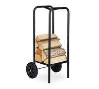 Relaxdays Chariot pour bûches en Bois, en Acier, 85 x 72 x 30 cm, capacité 50 kg, 2 Roues, extérieur et intérieur, Noir