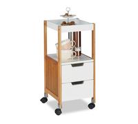 Relaxdays Desserte tiroirs, poussettes à thé, Plateau à roulettes en MDF et Bambou Blanc 69 x 30 x 30 cm, Plastique