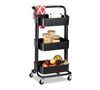 Relaxdays Chariot sur roues, 2 freins, pour tous services dans la cuisine, le bureau, le bain, étagère en métal, noire